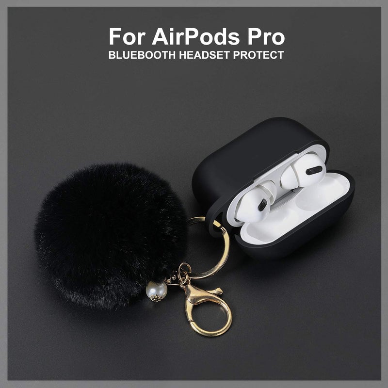 Cypher.V Protective Case Cover for AirPods Pro, Silicone Case Skin with Soft Cute Ball Pom Pom Keychain Kit (Black) - Image 2